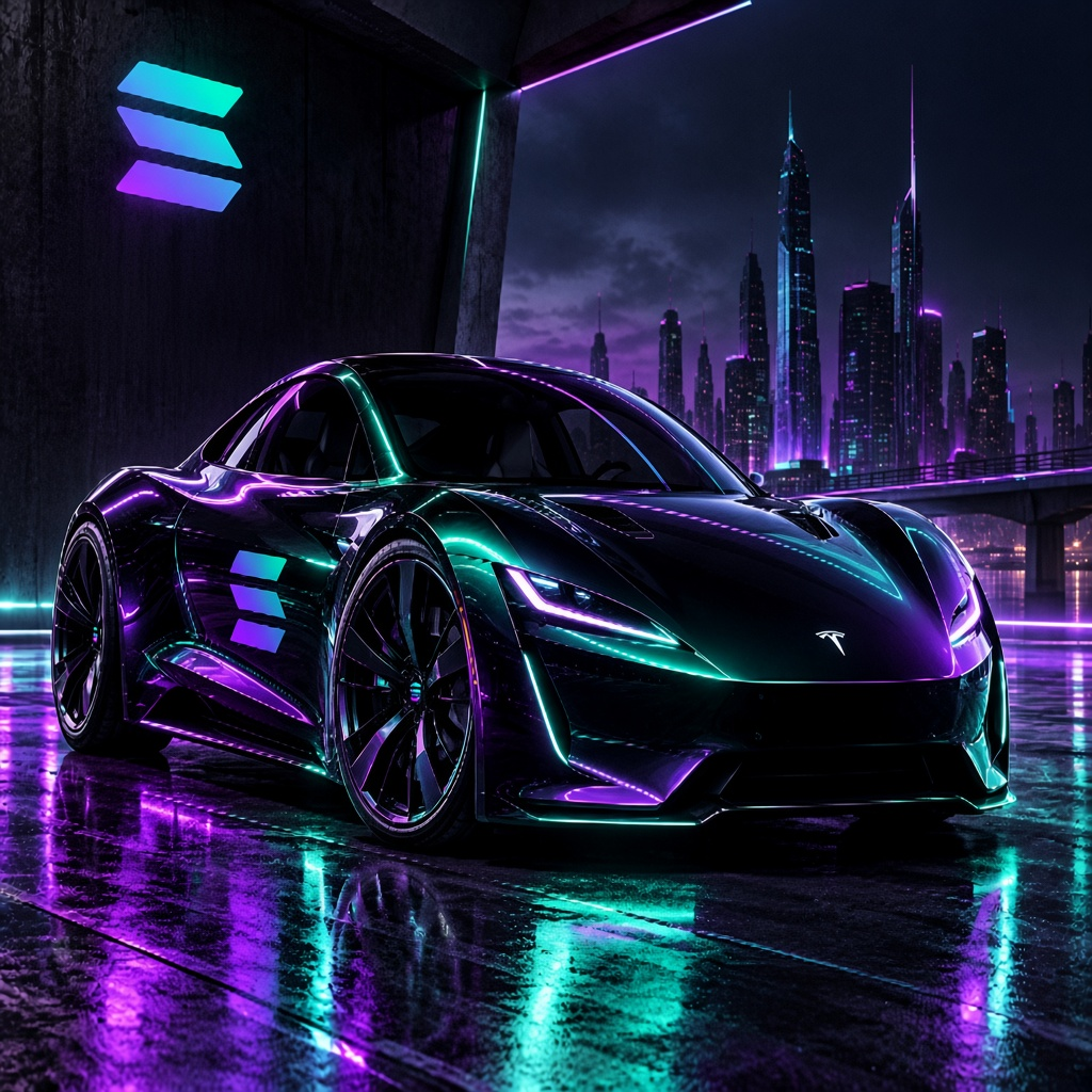 Solana Roadster, a black sports car in cyan and purple neon