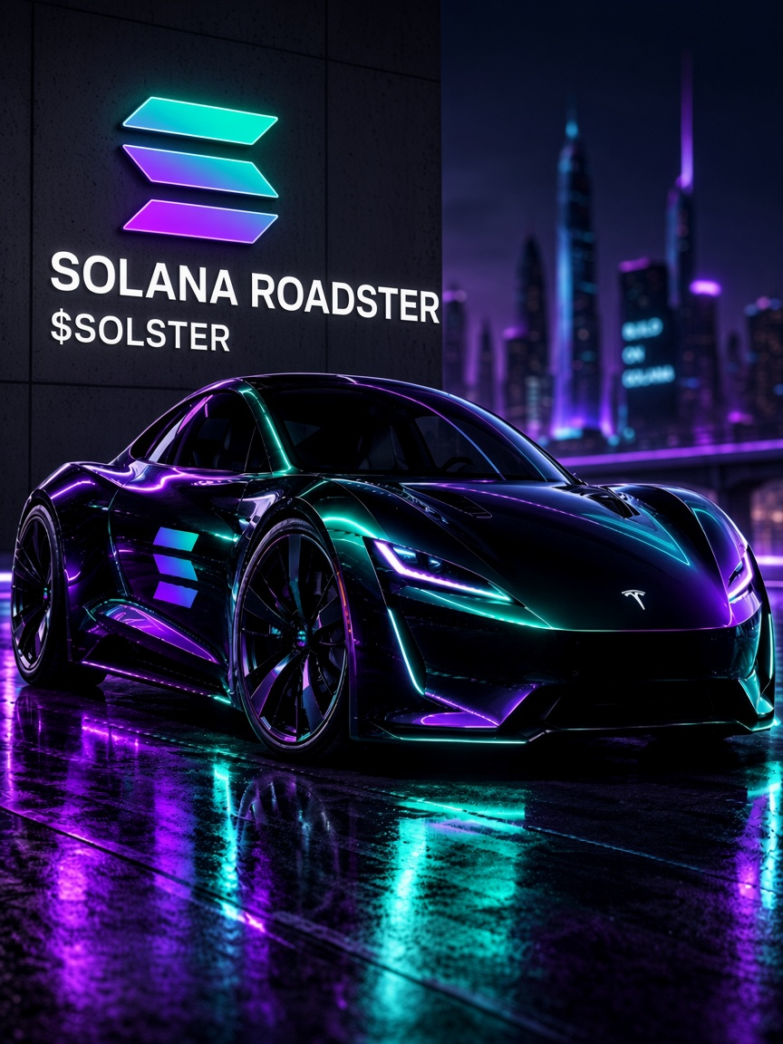 Solana Roadster parked under a neon sign that reads Solana Roadster and $SOLSTER